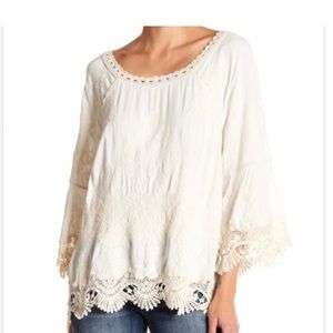 DEMOCRACY BOHO top crochet embroidery flared sleeves cream size small